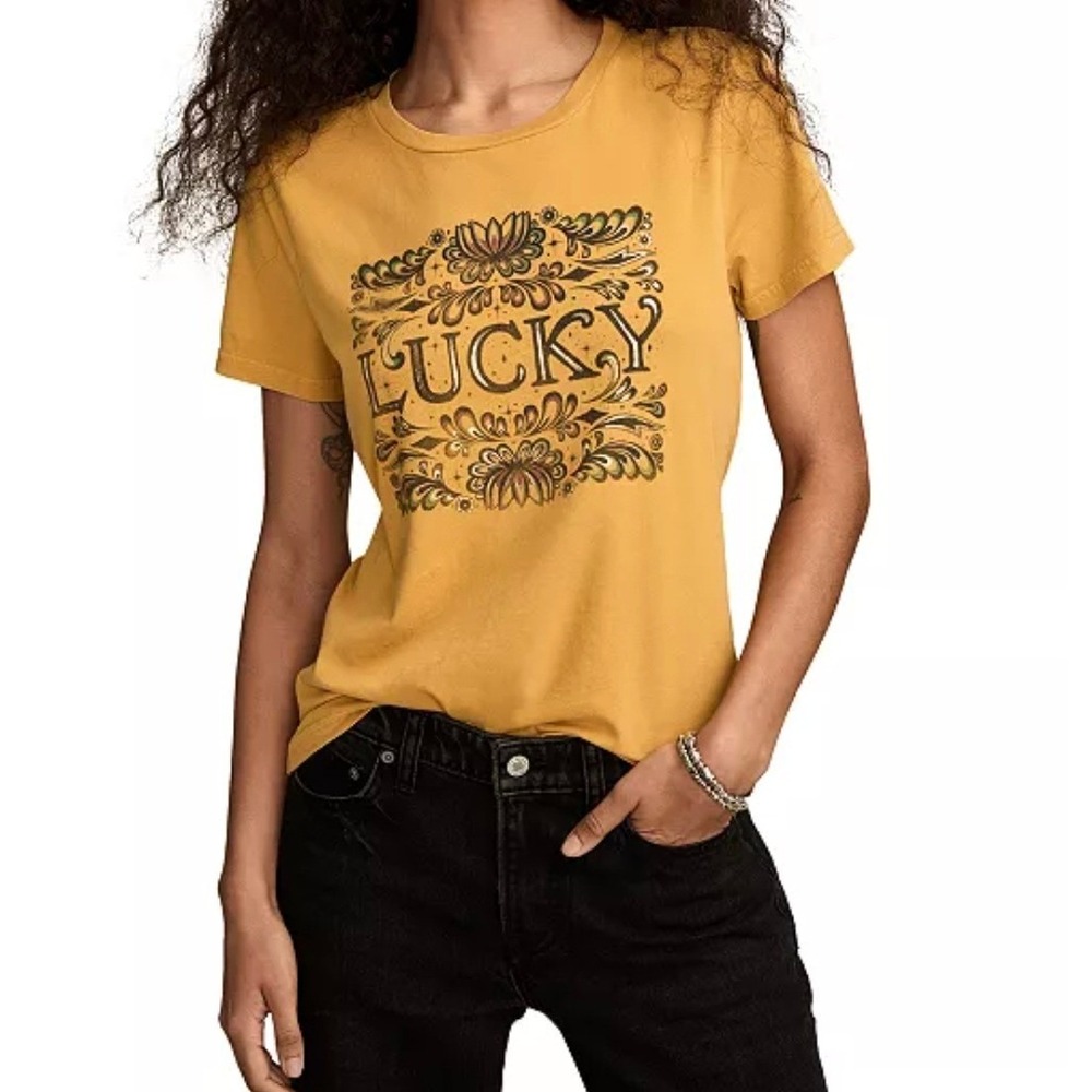 Lucky Brand Women Ornate Floral Classic Metalic‎ Graphic Crew Neck T Shirt Sz L